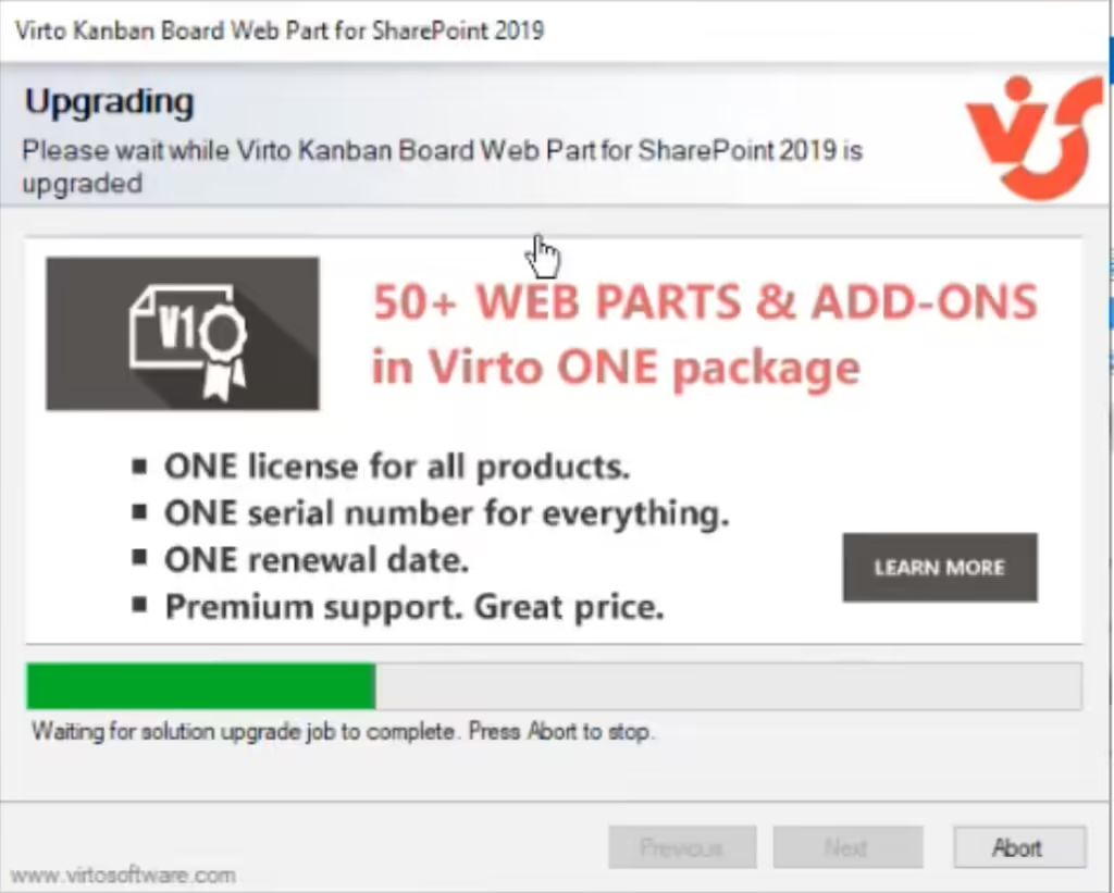 Virto Kanban Board installer showing the upgrade progress bar in the setup wizard