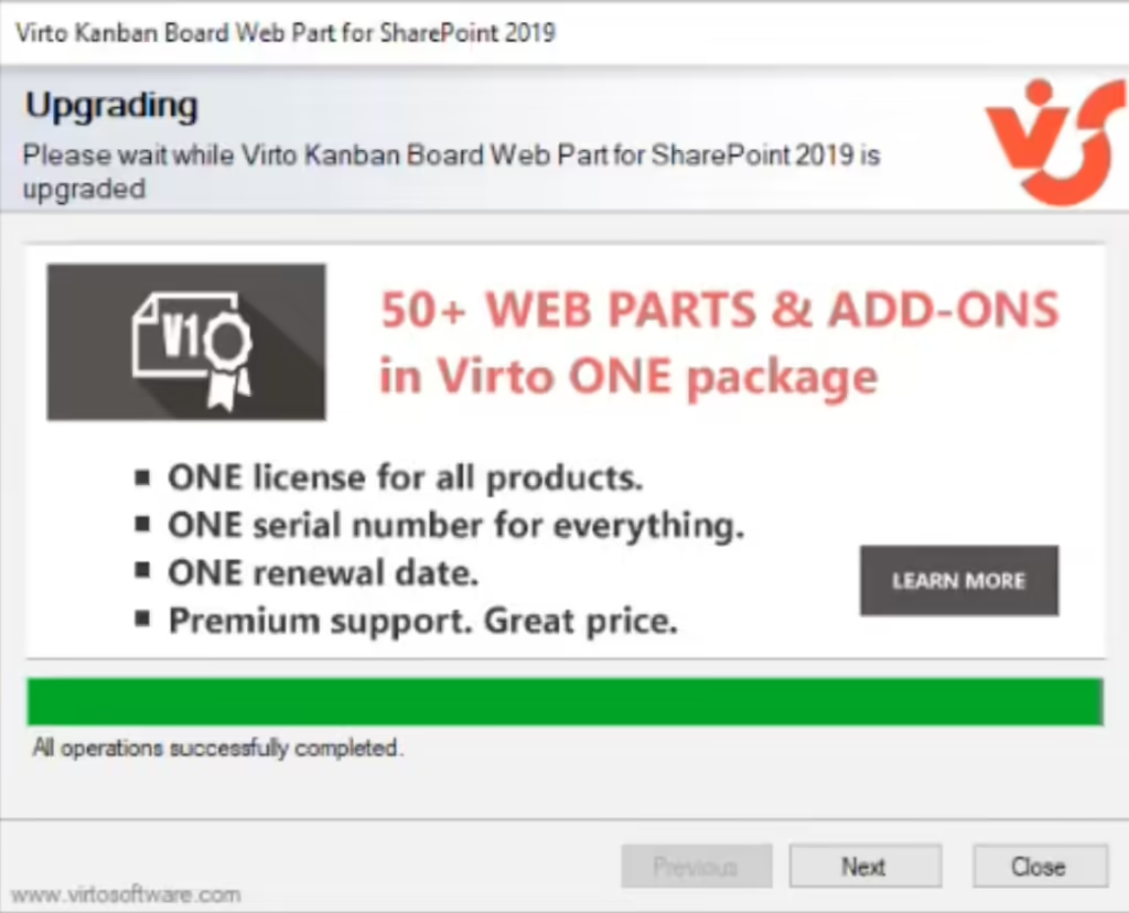 Setup wizard completion screen with the Close button to finish the Virto Kanban Board upgrade