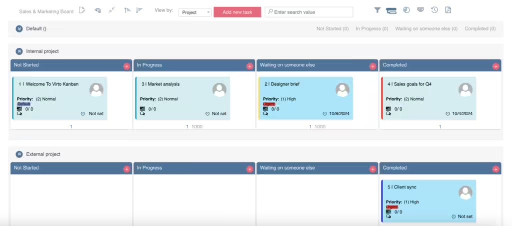 Virto Kanban Board view showing tasks arranged in columns