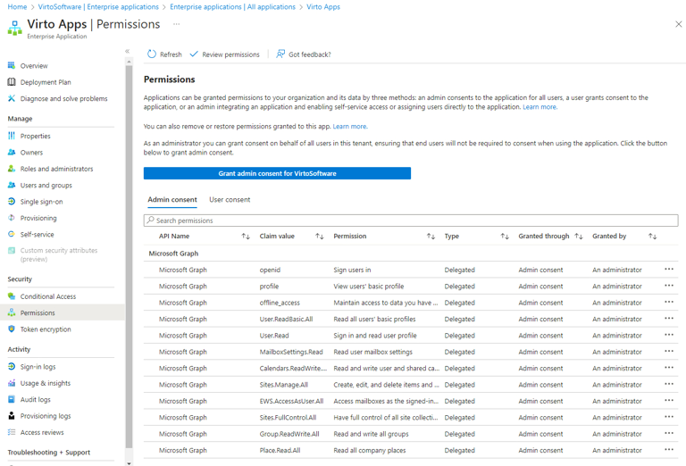 Permissions granted to Virto Apps under Security and Permissions in the Azure portal