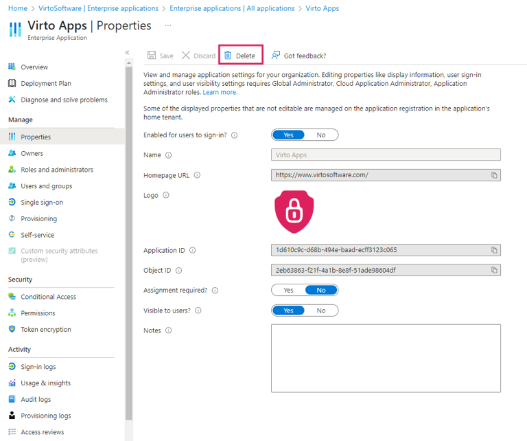 Delete button on the ribbon for uninstalling the Virto Apps in the Azure portal