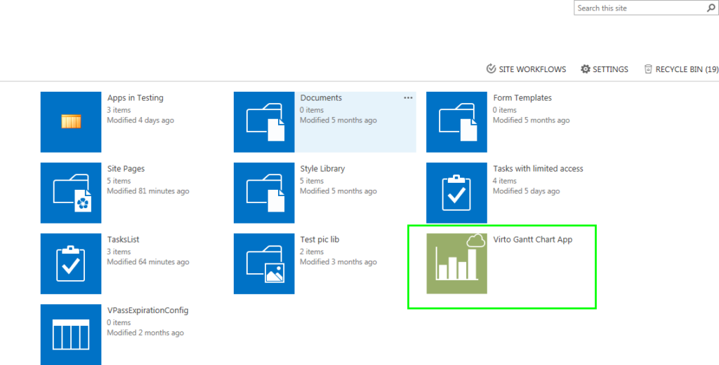 Virto Gantt Chart app listed on the SharePoint Site Contents page after installation