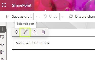 Clicking Edit web part to open the Virto Gantt Chart app configuration panel