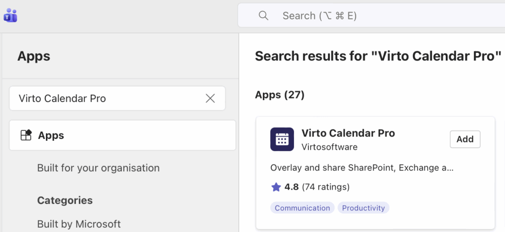 Searching for Virto Calendar Pro in the Microsoft Teams app store