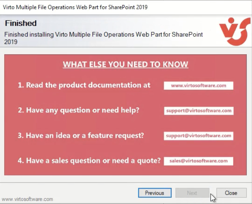 Setup wizard final screen with the Close button after the Multiple File Operations install completes