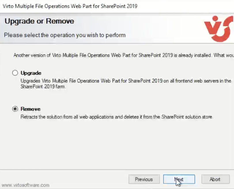 Setup wizard with the Upgrade checkbox selected to update Virto Multiple File Operations