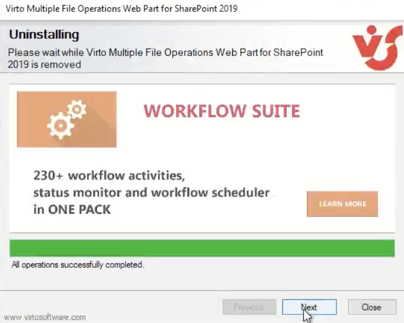 Setup wizard showing the uninstall in progress for Virto Multiple File Operations