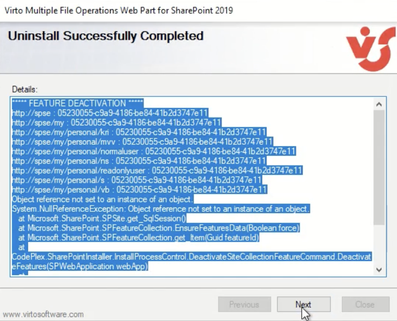 Setup wizard confirming the Virto Multiple File Operations uninstall has finished
