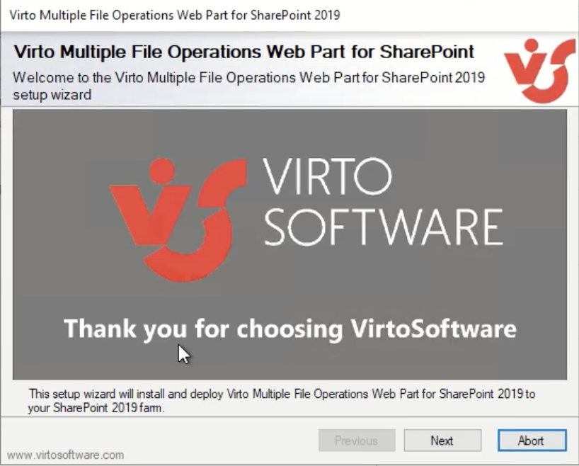 Virto Multiple File Operations setup wizard welcome window starting the installation
