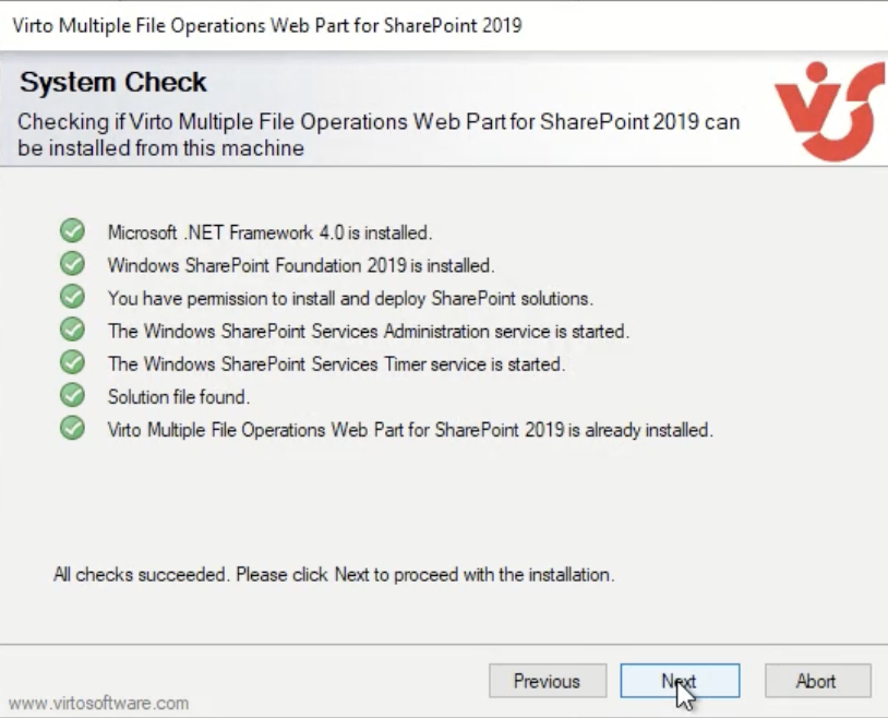 Setup wizard system check completed before uninstalling the Multiple File Operations web part