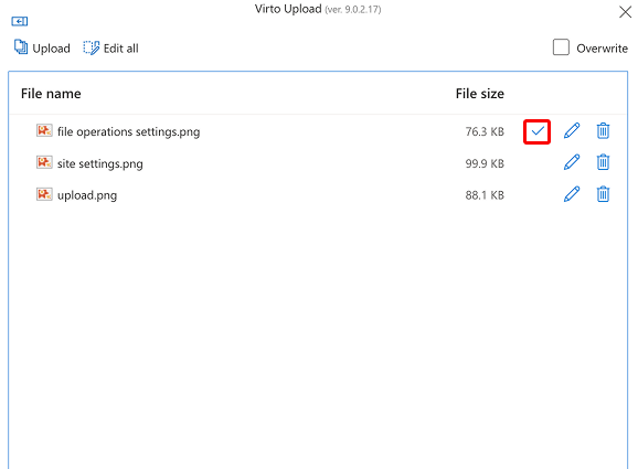 Checkbox checkmark shown after file properties are set in the Virto Multiple File Upload list
