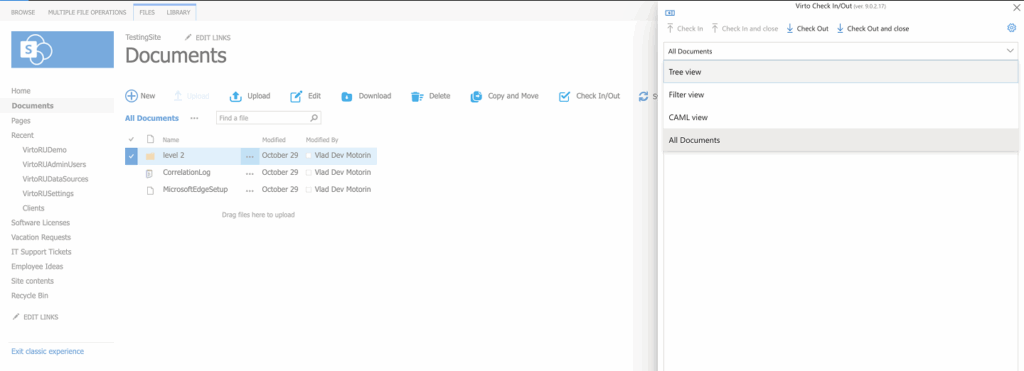 Virto Multiple File Check-In and Check-Out interface in classic SharePoint with tree, filter, CAML, and all documents views