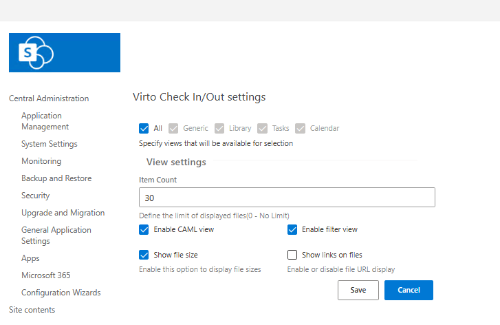 Farm-level options for where to show multiple file check-in/out, display limit, default view type, and file size