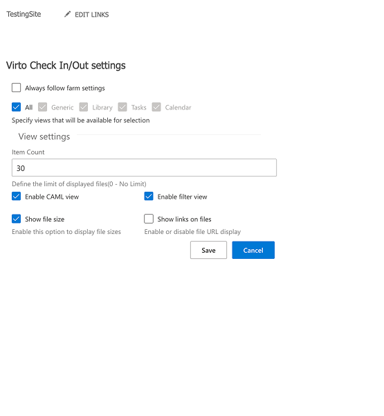 Site-level options for where to show multiple file check-in/out, display limit, default view type, and file size
