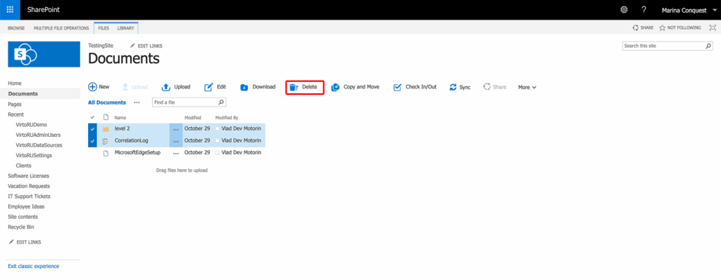 Selected files in a SharePoint library with the Delete icon on the Virto Multiple File Operations menu