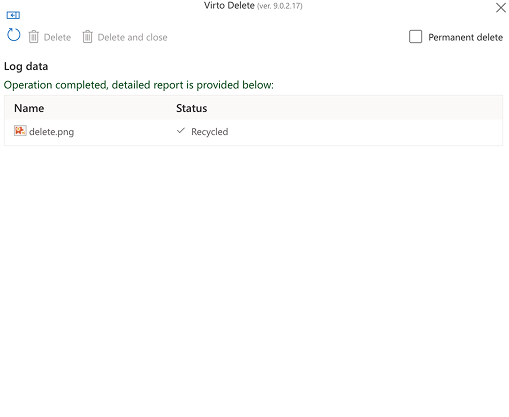 Log data report listing the files removed by Virto Multiple File Delete