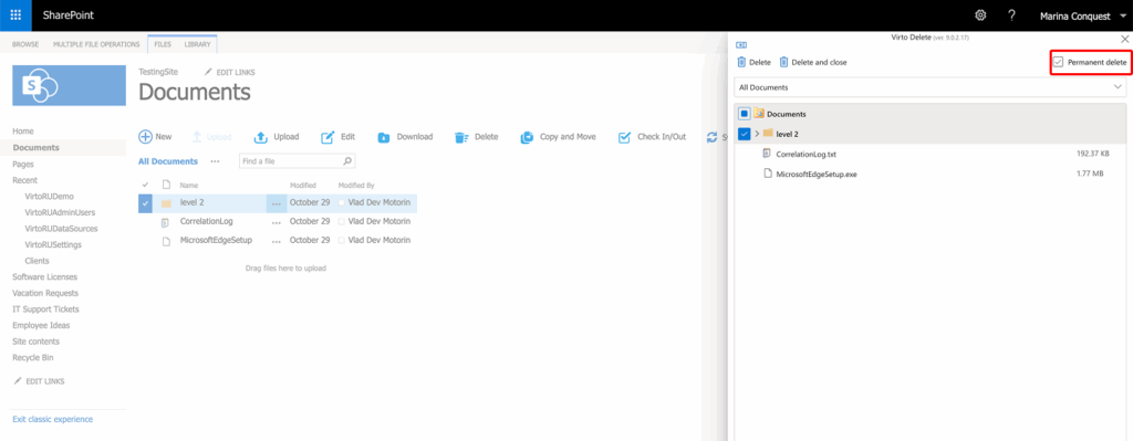 Virto bulk Delete window with the Permanent delete checkbox enabled in the upper-right corner
