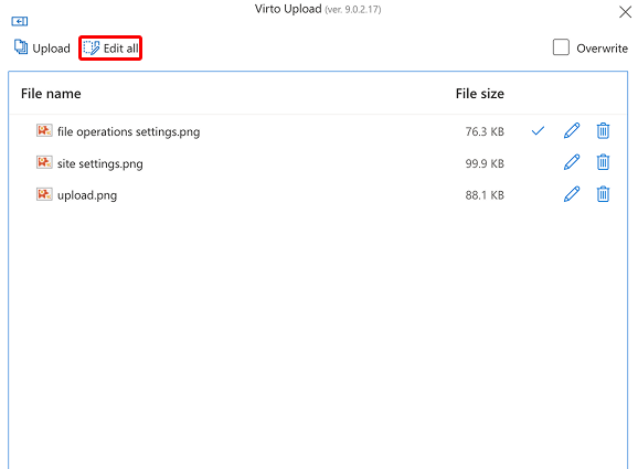 Edit All option for applying the same properties to every file in Virto Multiple File Upload