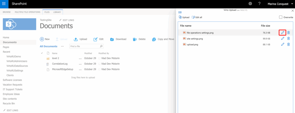 Edit and trash bin icons next to a queued file in the Virto Multiple File Upload list