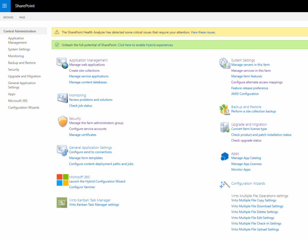 Navigating to System Settings in SharePoint Central Administration to reach the multiple file check-in/out farm settings