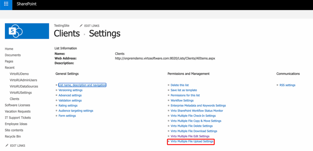 Virto Multiple File Upload Settings link in the right column of the SharePoint list settings page
