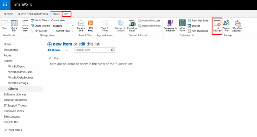 List Settings button in the SharePoint List ribbon tab in classic On-Premises view