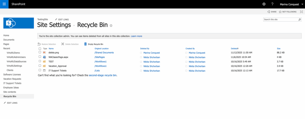 Recycle Bin link in the SharePoint left-hand menu where deleted files can be found