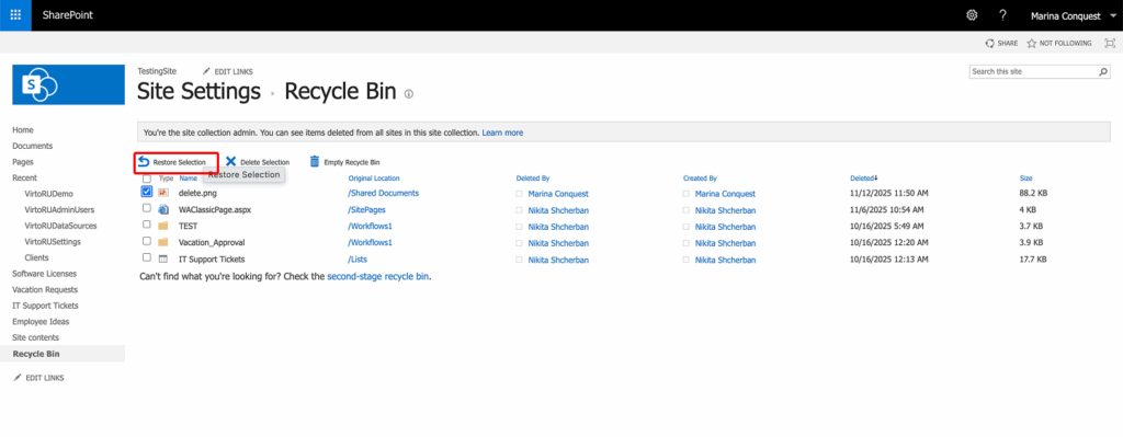 Selected items in the Recycle Bin with the Restore Selection button on the ribbon