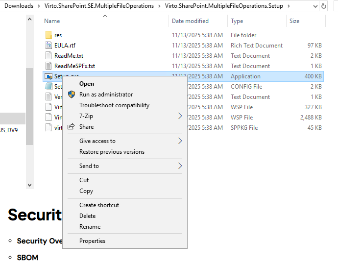 Running the Virto Multiple File Operations Setup file as administrator to install the SPFx package