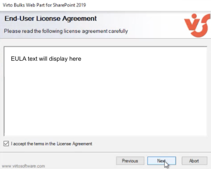 Setup wizard step accepting the terms in the License Agreement checkbox