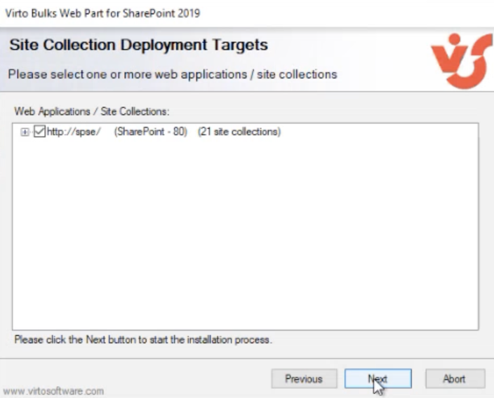 Setup wizard step selecting the web applications and site collections to install the product on