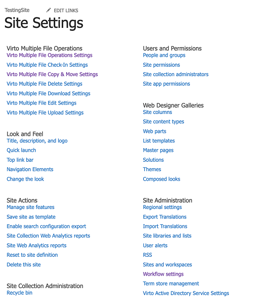 SharePoint Site Settings page where the multiple file check-in/out options are configured