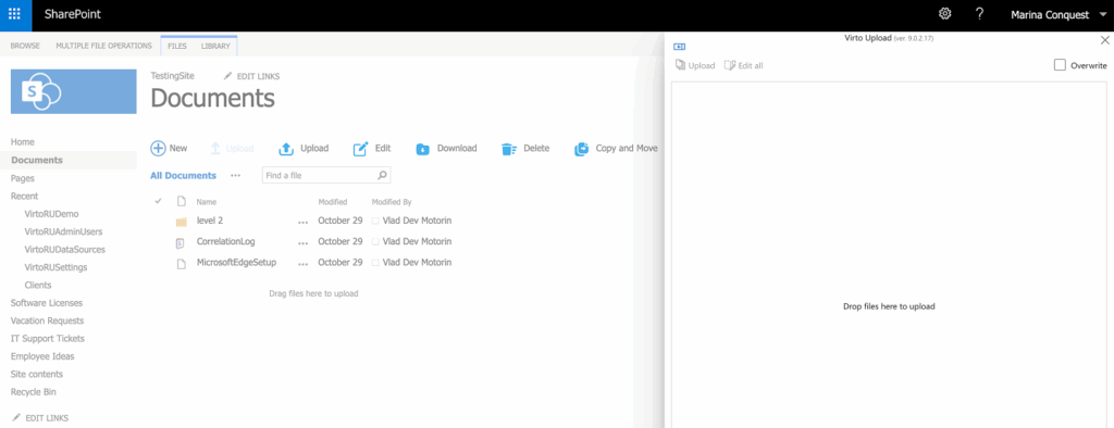 Virto Multiple File Upload window with Add files, Add folder, and Upload archive content buttons