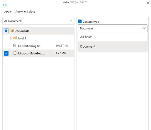 Virto bulk Edit form with the content type selector set to All fields or Document