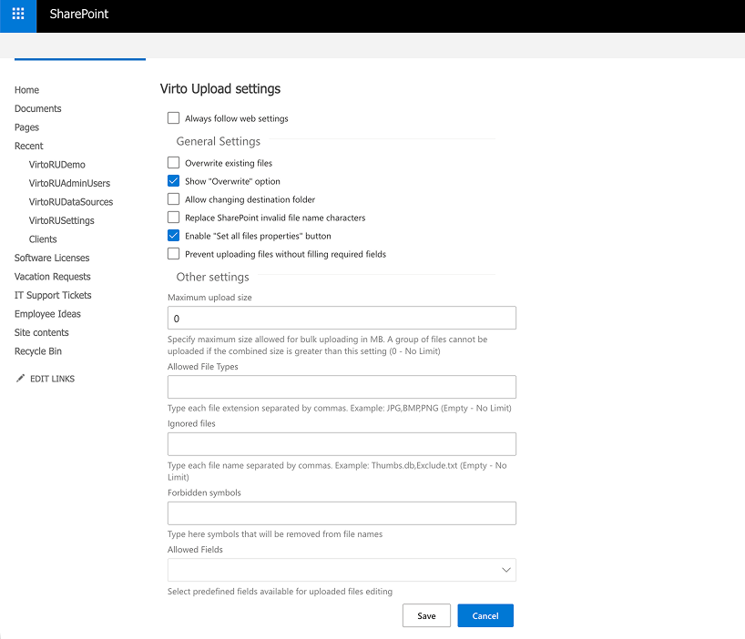 General Settings of Virto Multiple File Upload with overwrite, destination folder, and check-in options