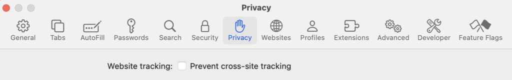 Safari Privacy tab with the Prevent cross-site tracking checkbox to disable