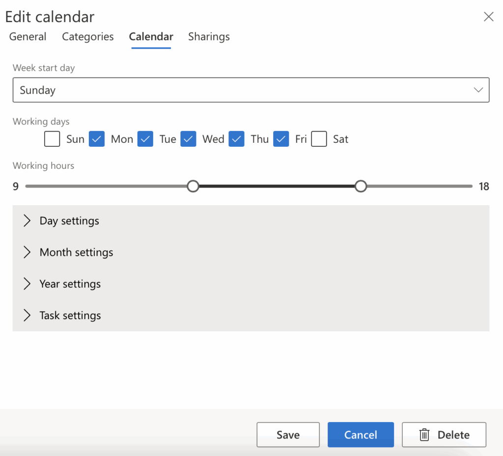 Week View settings in Virto Shared Calendar with week start day, working days, and working hours options