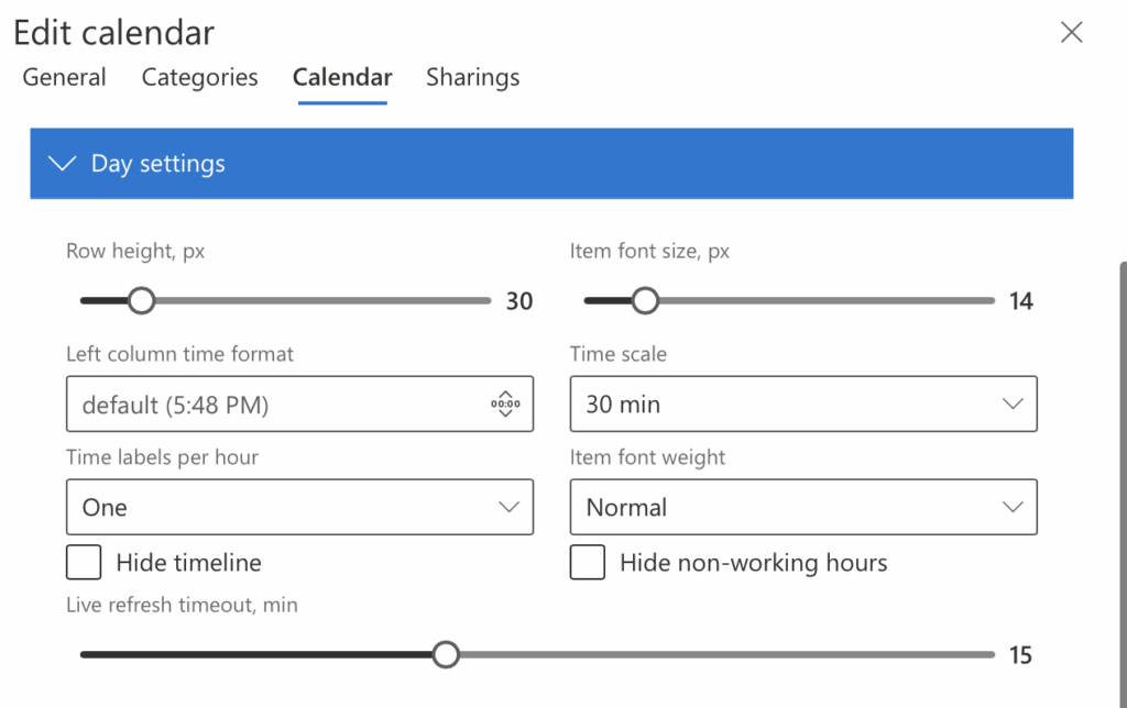 Day View settings in Virto Shared Calendar with row height, font size, time scale, and timeline options