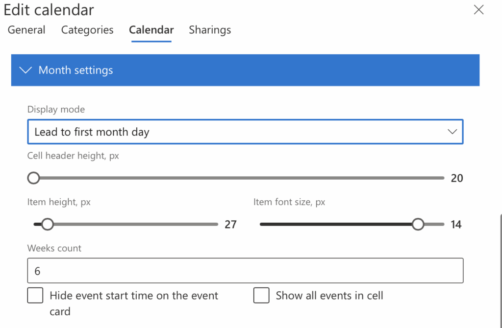 Month View settings in Virto Shared Calendar with display mode, cell header height, and item size options