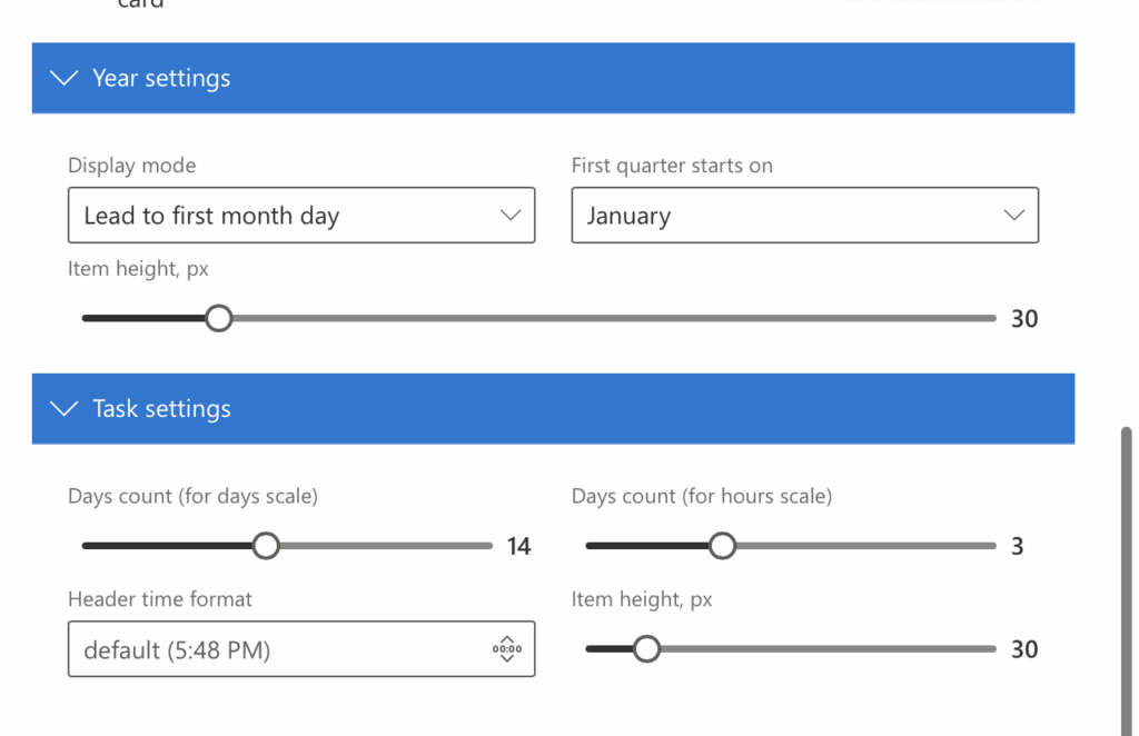 Year View settings in Virto Shared Calendar with display mode, first quarter start, and item height options