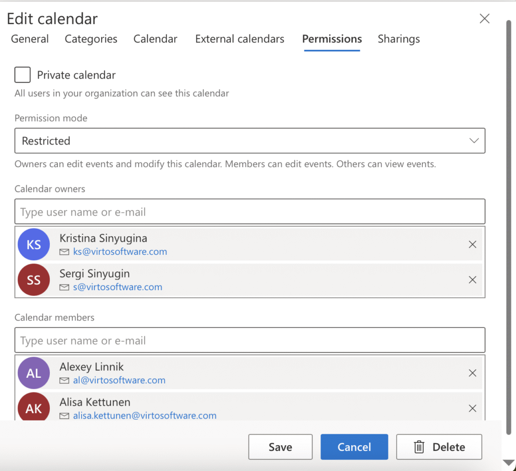 Adding users to Calendar owners and Calendar members fields in Virto Shared Calendar permissions