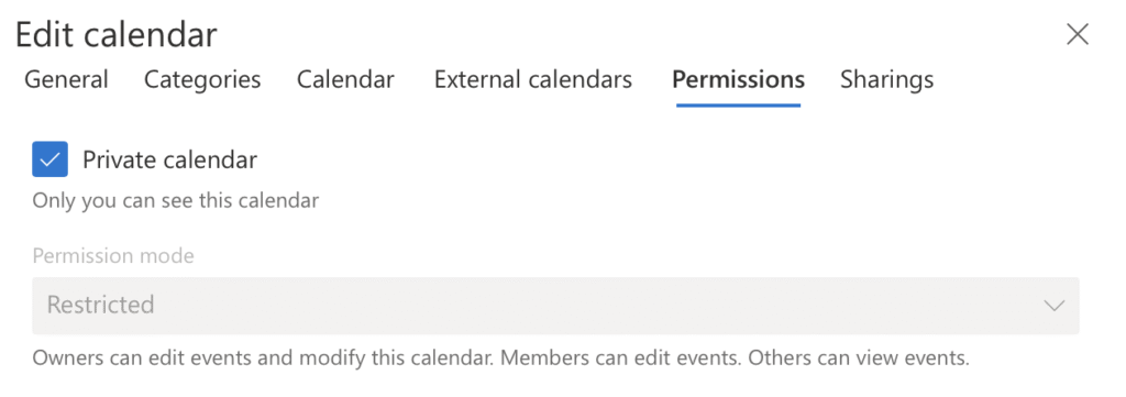Private calendar checkbox ticked in Virto Shared Calendar permissions, disabling all sharing settings