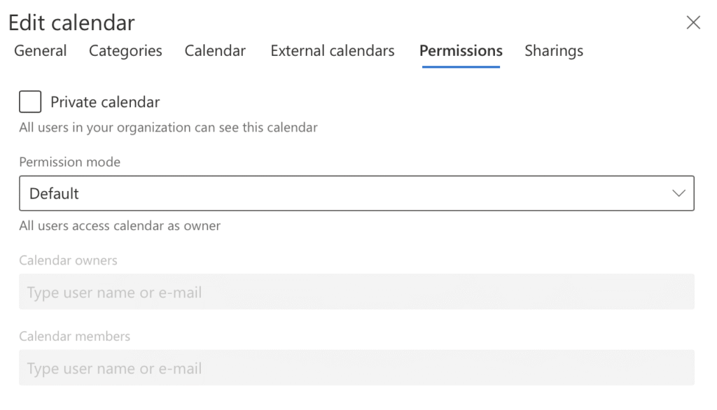 Private calendar checkbox unticked in Virto Shared Calendar permissions, making the calendar visible to the organization