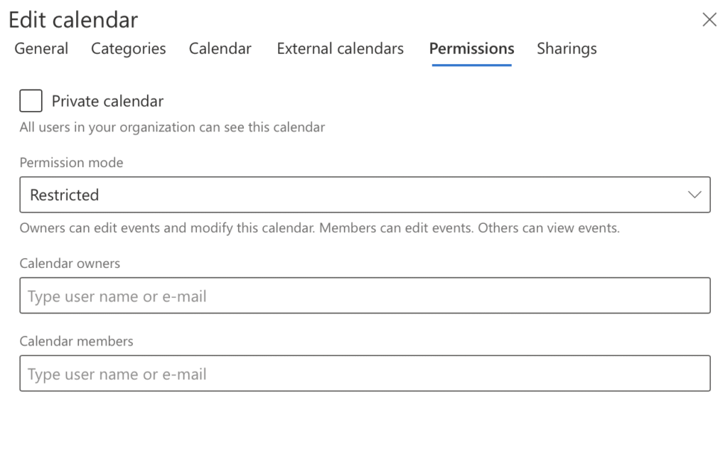 Restricted permission mode in Virto Shared Calendar setting owner, member, and viewer access levels