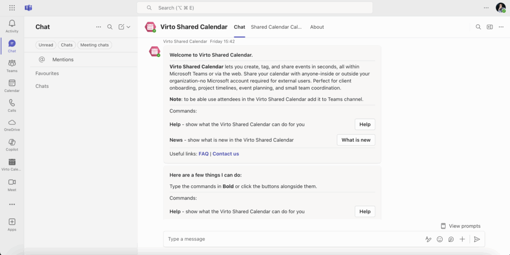 Virto Shared Calendar bot in Microsoft Teams showing Help and News commands and support links
