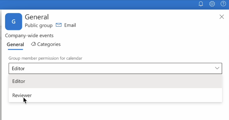 Permissions panel for assigning group-calendar members as editors or reviewers in the Virto Calendar App