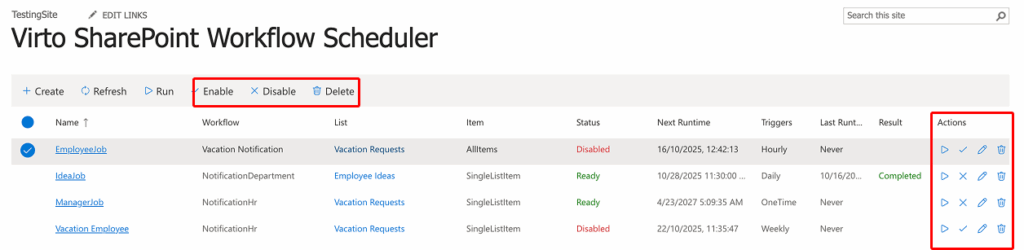 Enable, disable, and delete action buttons for a workflow schedule in Virto Workflow Scheduler