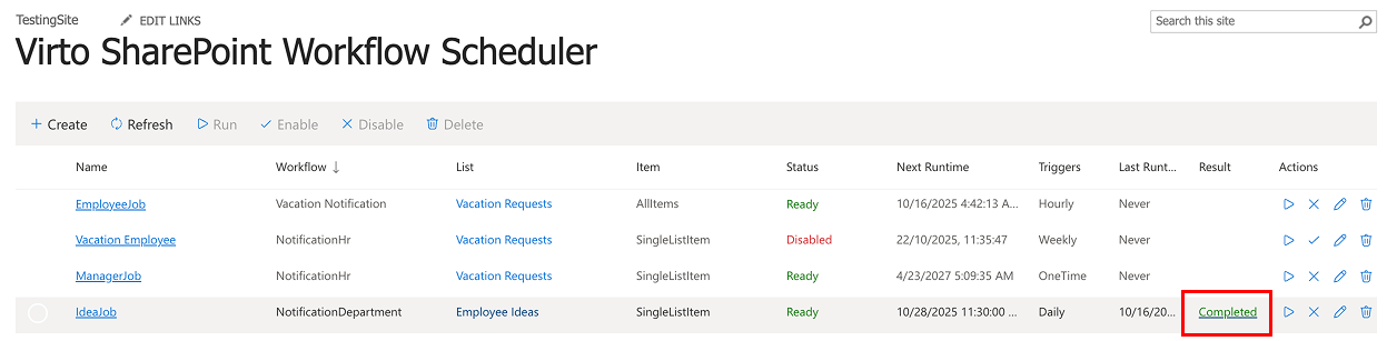 Completed result status of a workflow run, clickable to open its logs