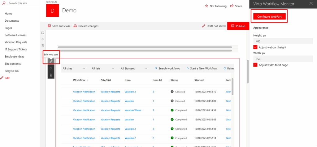 Edit web part panel showing the Virto Workflow Status Monitor settings block
