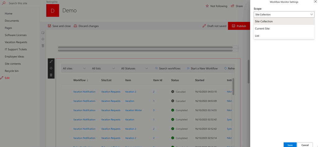 Choosing the data source for the Workflow Status Monitor: list, current site, or site collection
